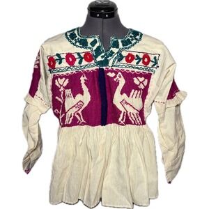 Vtg 50s-70s Mexican Oaxacan HandmadeFolk Art Blouse Huipil Bird Small STAINED